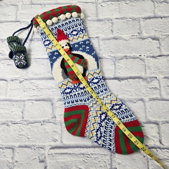 3D Knit Christmas Stocking Penguin Blue Fair Isle Mittens Pom Poms - Picture 13 of 13